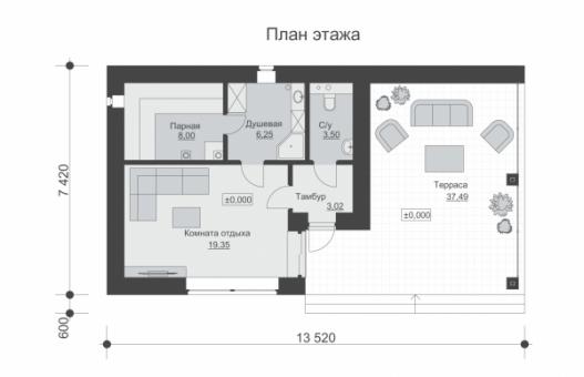 Баня с террасой и облицовкой кирпичом